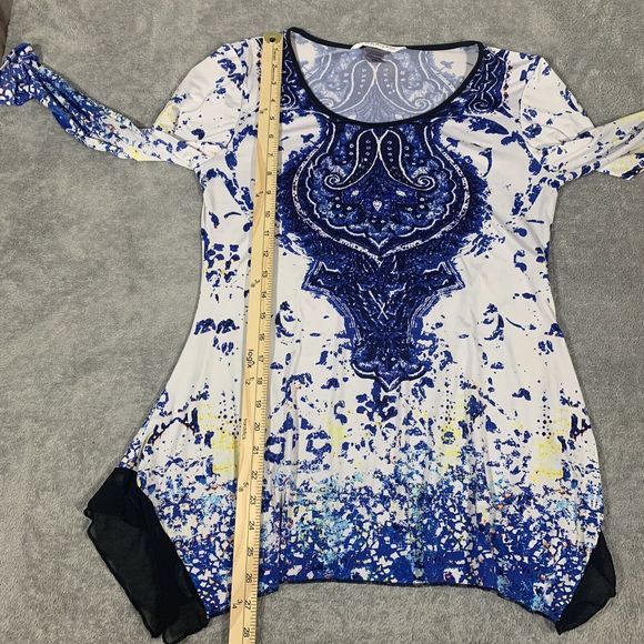 Peter Nygard Tunic Top Jeweled Blue White Damask 3/4 Sleeve Size PS - Picture 5 of 9